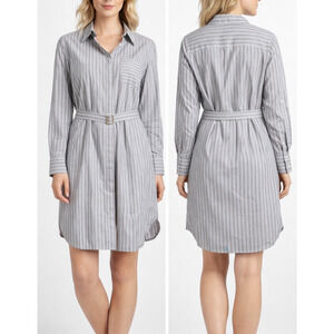 Calvin Klein Shirt Dress Womens Sz 10 Gray White Stripe Belted Button Front Midi